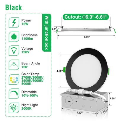 6'' Recessed LED Ceiling Night Light 12W, Black & White Downlights, 12pcs 6CCT Dimmable