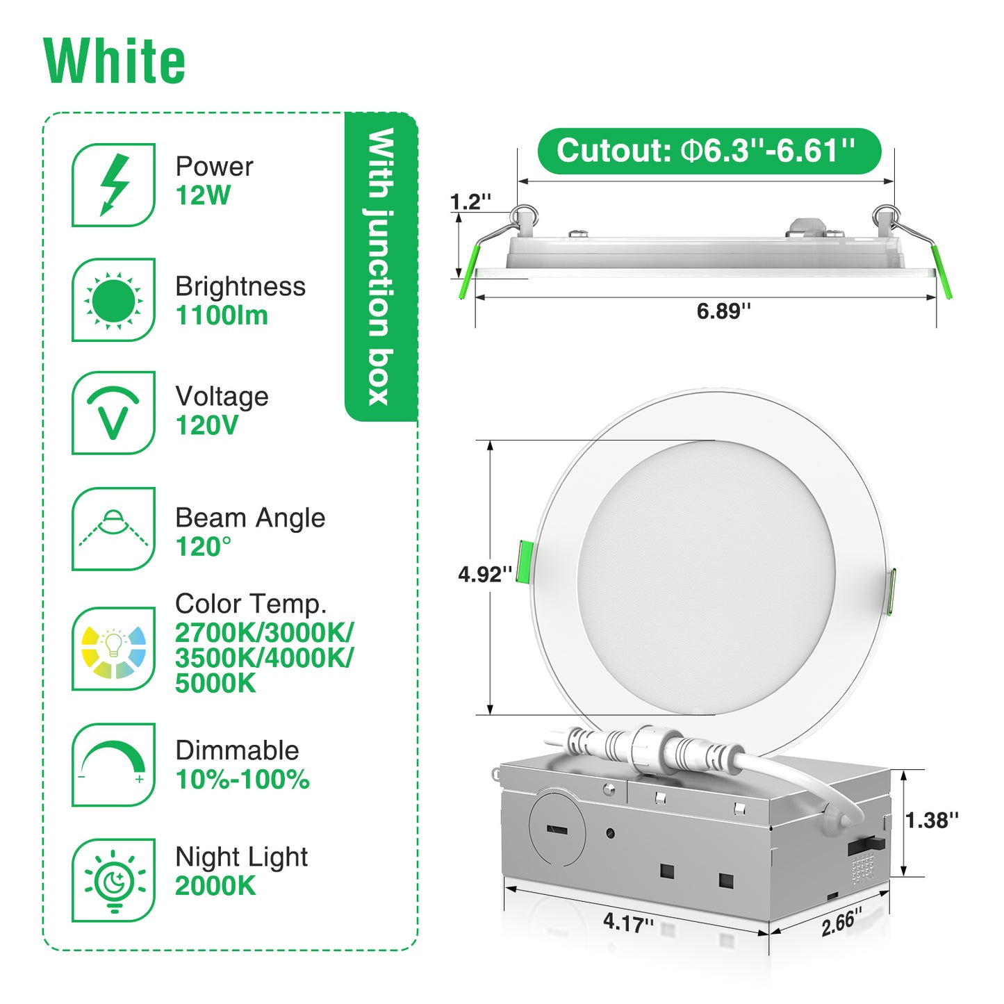 6'' Recessed LED Ceiling Night Light 12W, Black & White Downlights, 12pcs 6CCT Dimmable