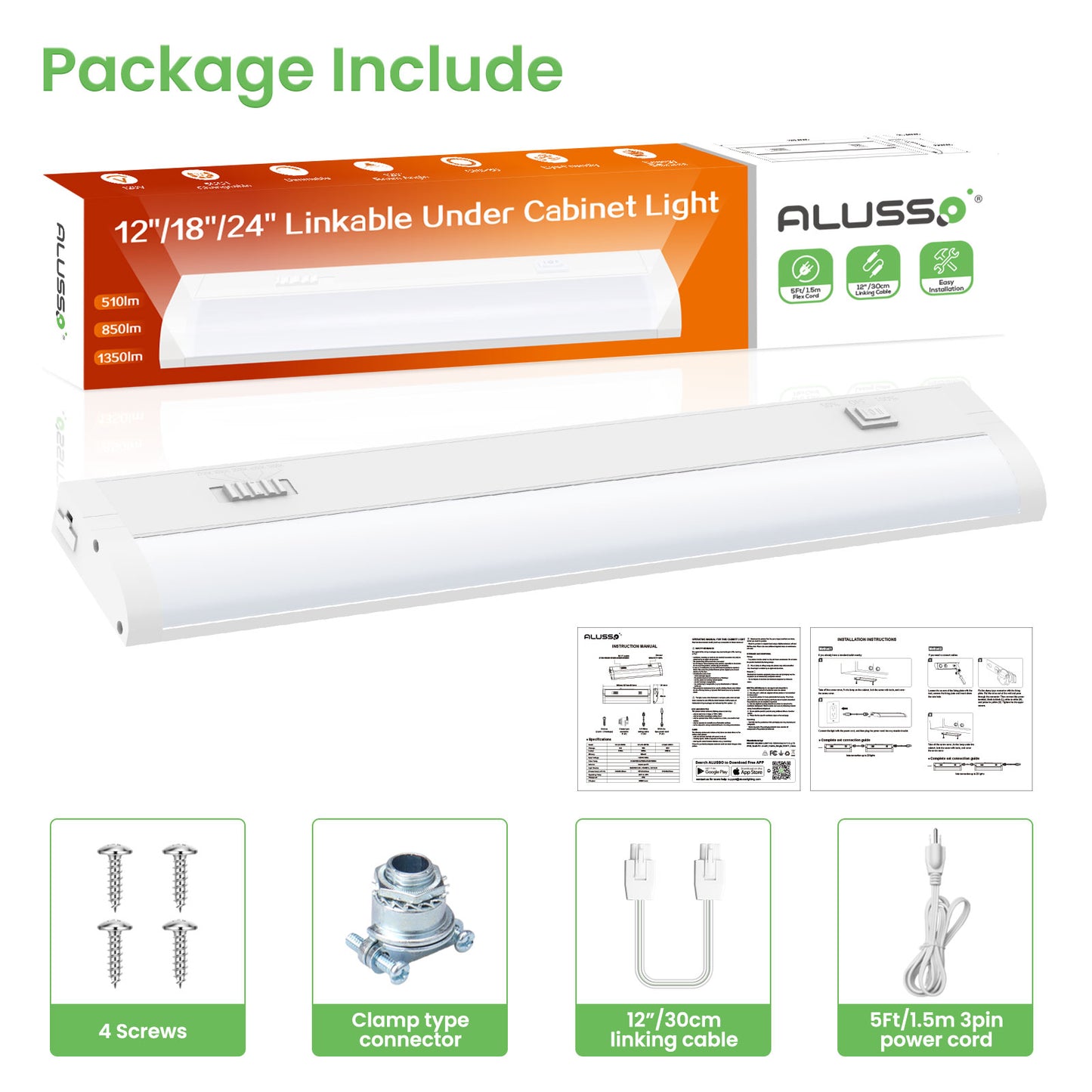 12/18/24 Inch LED Under Cabinet Light Dimmble Plug in 5CCT Linkable Hardwired Fixture